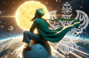Man riding meteor towards sun