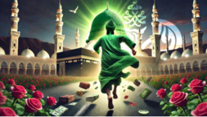 Man running towards the Kabah, green dome of Madinatul Munawara