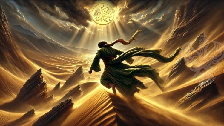 man running towards S. Muhhamd sws in desert