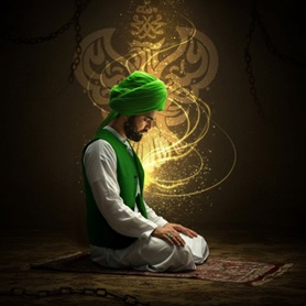 Man performing salah with gold lights behind him