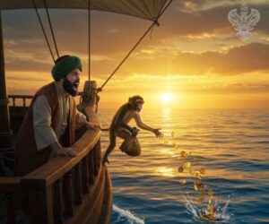 Man screaming while monkey throwing coins overboard