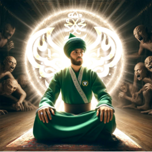 Man sitting in front of moon surrounded by demons