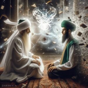 Murid sitting with shaykh with storm behind