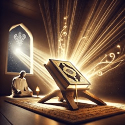 Man sitting near window, lightbeams shining in on Holy Qur'an
