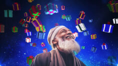 man smiling presents falling