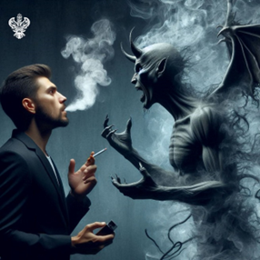 Man facing demon while smoking