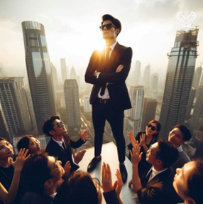 Egotistical man standing above others