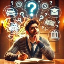 Man thinking multiple thoughts