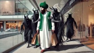 Man walking with demons in a mall