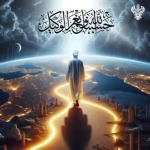 Man walks on glowing path on Earth Husbunallah wa nimal wakeel