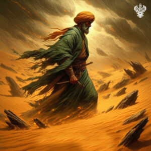Man walking through stormy desert