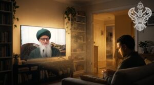 Shaykh Nurjan's teaching plays on a television as warm golden light and glowing particles spread from the screen throughout the room and into the rest of the home.