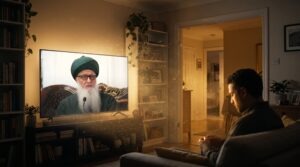 Shaykh Nurjan's teaching plays on a television as warm golden light and glowing particles spread from the screen throughout the room and into the rest of the home.