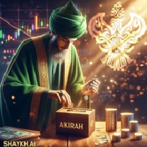 Man putting money in box labelled akhirah
