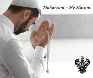Muslim man looking down and holding his hands in prayer with prayer beads