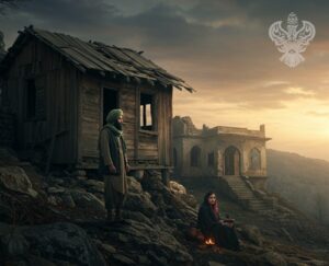 Man and woman in front of a broken down shelter