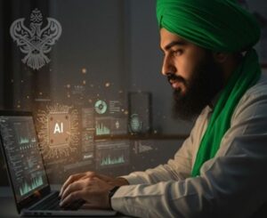 Man working on computer with AI