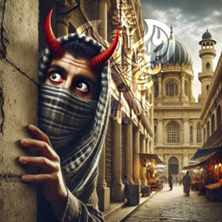 Masked man with horns hiding behind wall