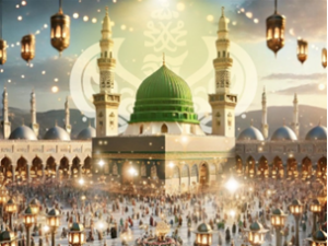 Crowds of people around the green dome of Madina