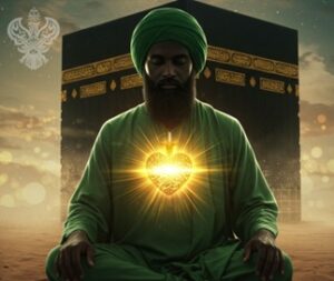 Meditating man with glowing heart in front of holy Kabah