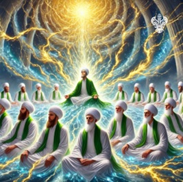 Group of meditating students with lightning in background