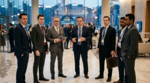 Men in business suits not smiling
