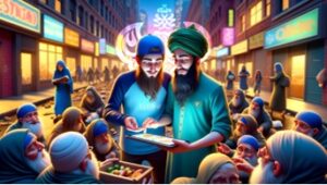 Men distributing food to needy people