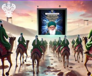 Men on horseback approach screen of zikr