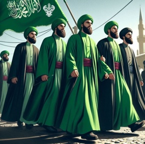 Men marching with Muhammadan flag