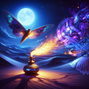 Moth drawn to a flame on a desert night