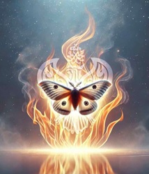 Moth sits in smoking flames of fire
