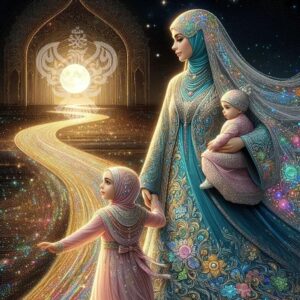 mother and kids following path of islam