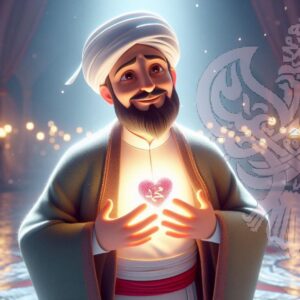 Sufi man with glowing heart in chest representing Sayyidina Muhammad (s)