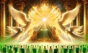 S. Muhammad (s) sitting upon throne surrounded by angels