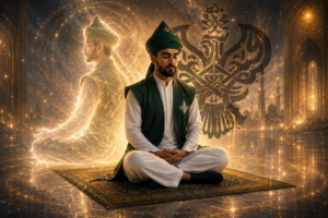 mureed meditates with his hands resting in his lap as a luminous spiritual form rises behind him