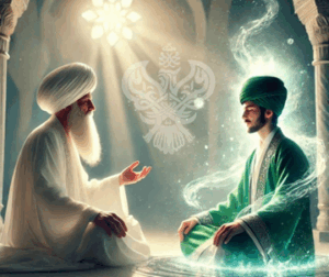 Murid sitting with Shaykh surrounded by energies