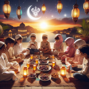 Children sitting around food to break fast with Ramadan moon