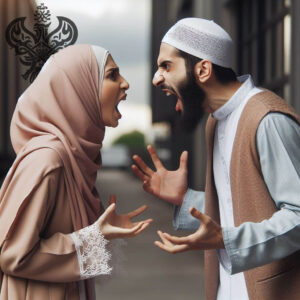muslim-man-woman-yelling-each-other, arguing, fighting,