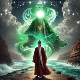 Nabi Musa (as) standing between split waters looking at S. Khidr (as) in sky