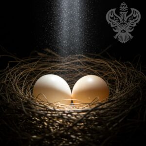 Nest of two eggs with light shining down
