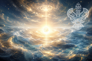 A vast ocean of glowing light with a bright golden-white muhammadan light emerging from the center.
