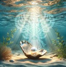 Open oyster shell with pearl at ocean bottom
