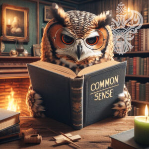 Owl reading book of common sense