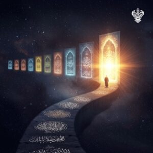 Man walking on path to veils of lights