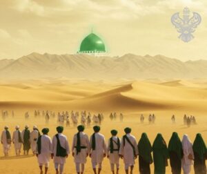 Sufi students standing in desert looking in the distance at Madina Sharif