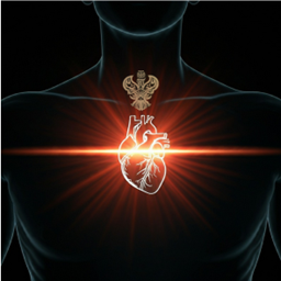 Physical heart emitting red light within chest