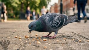 Pigeon eating crumbs on sidewalk