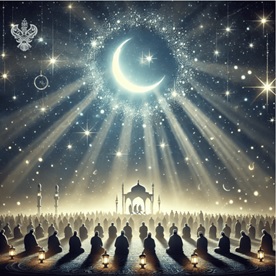 People sitting under crescent light and stars