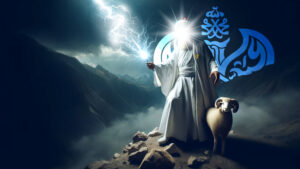 Prophet Ibrahim (as) standing on mountaintop with ram
