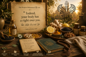 natural health remedies and vitamins alongside a prophetic teaching about caring for the body, featuring black seed oil, ginger, turmeric, lemon, vitamin supplements, and Islamic elements.